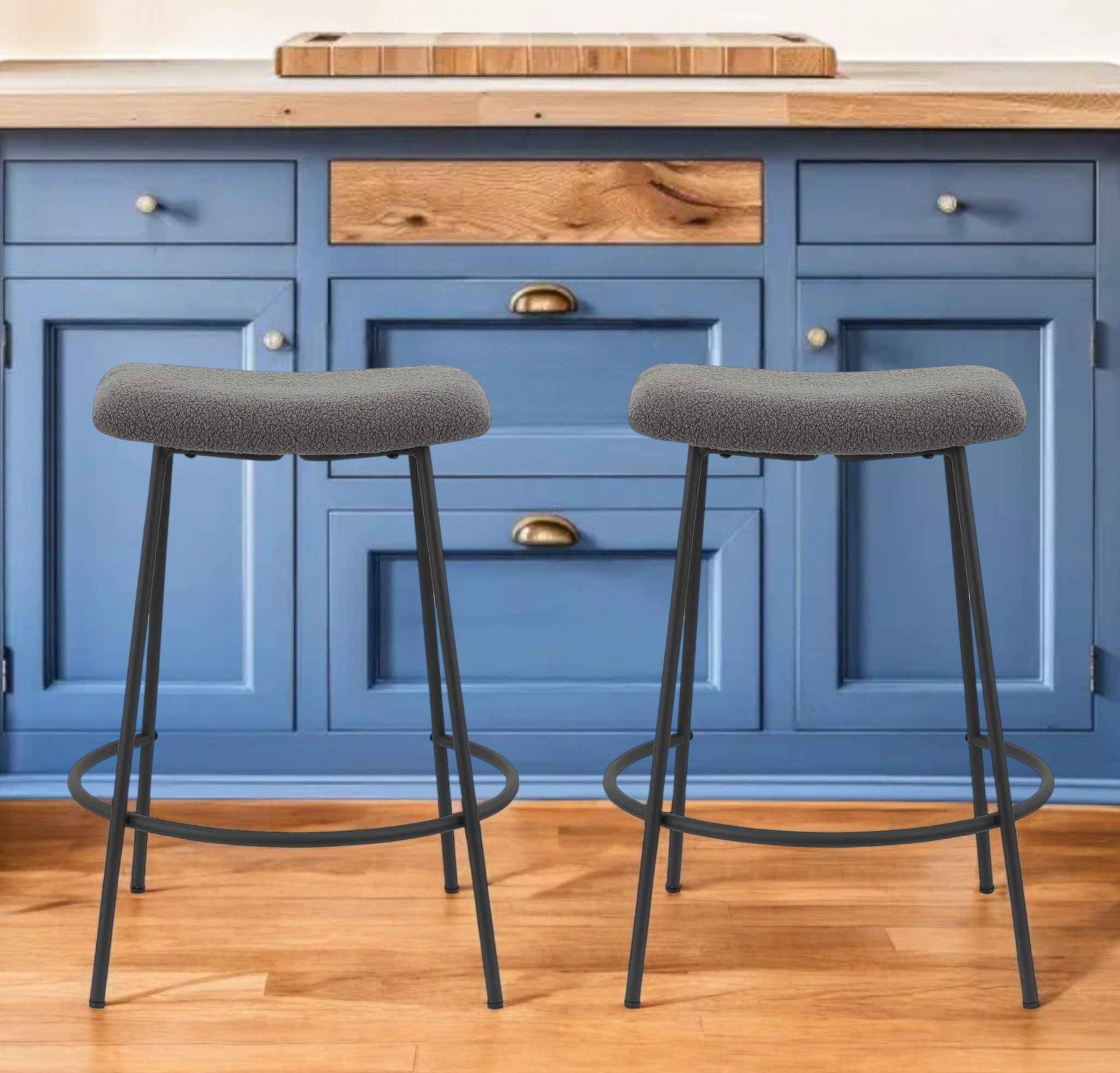 Set of Two 26" Gray and Black Fabric and Metal Backless Counter Height Bar Chairs