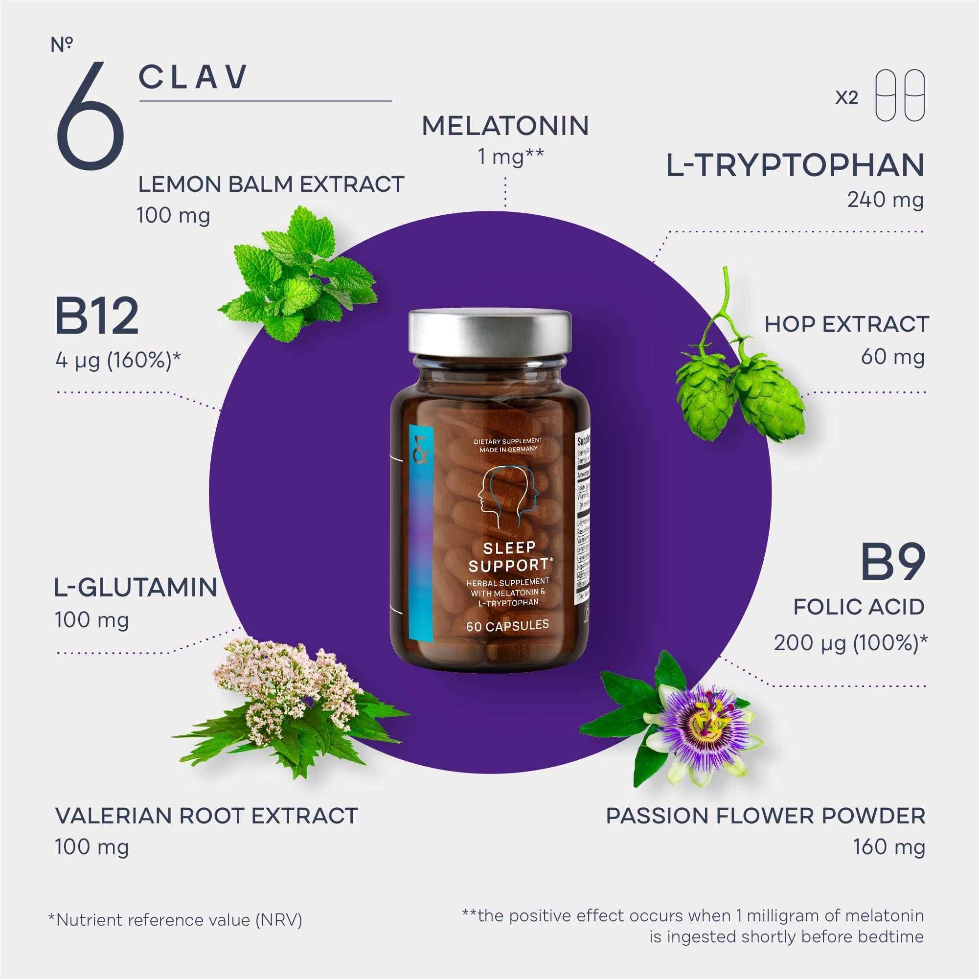 N°6 Natural Sleep Support with Melatonin 1 mg & L Tryptophan   Passionflower Valerian Root & More   Enhanced Sleep Supplement   60 Capsules for Restful Nights