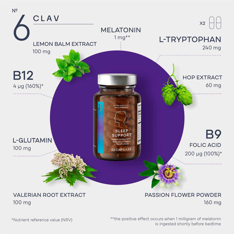 N°6 Natural Sleep Support with Melatonin 1 mg & L Tryptophan   Passionflower Valerian Root & More   Enhanced Sleep Supplement   60 Capsules for Restful Nights