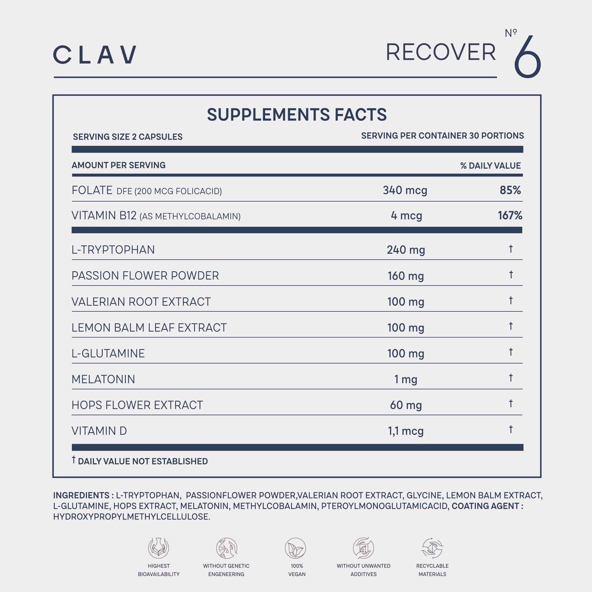 N°6 Natural Sleep Support with Melatonin 1 mg & L Tryptophan   Passionflower Valerian Root & More   Enhanced Sleep Supplement   60 Capsules for Restful Nights