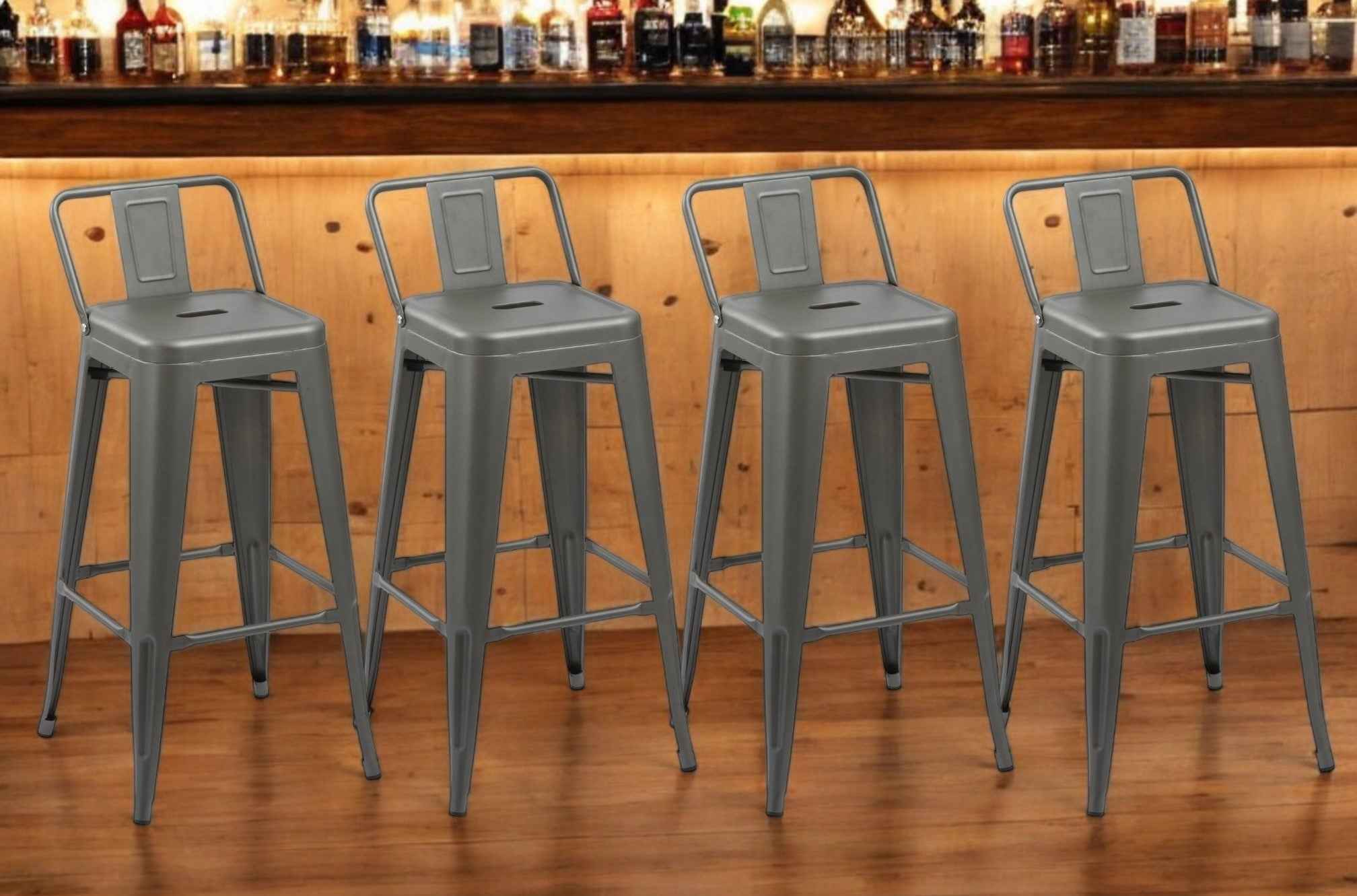 Set of Four 26" Dark Gray Steel and Metal Low Back Counter Height Bar Chairs
