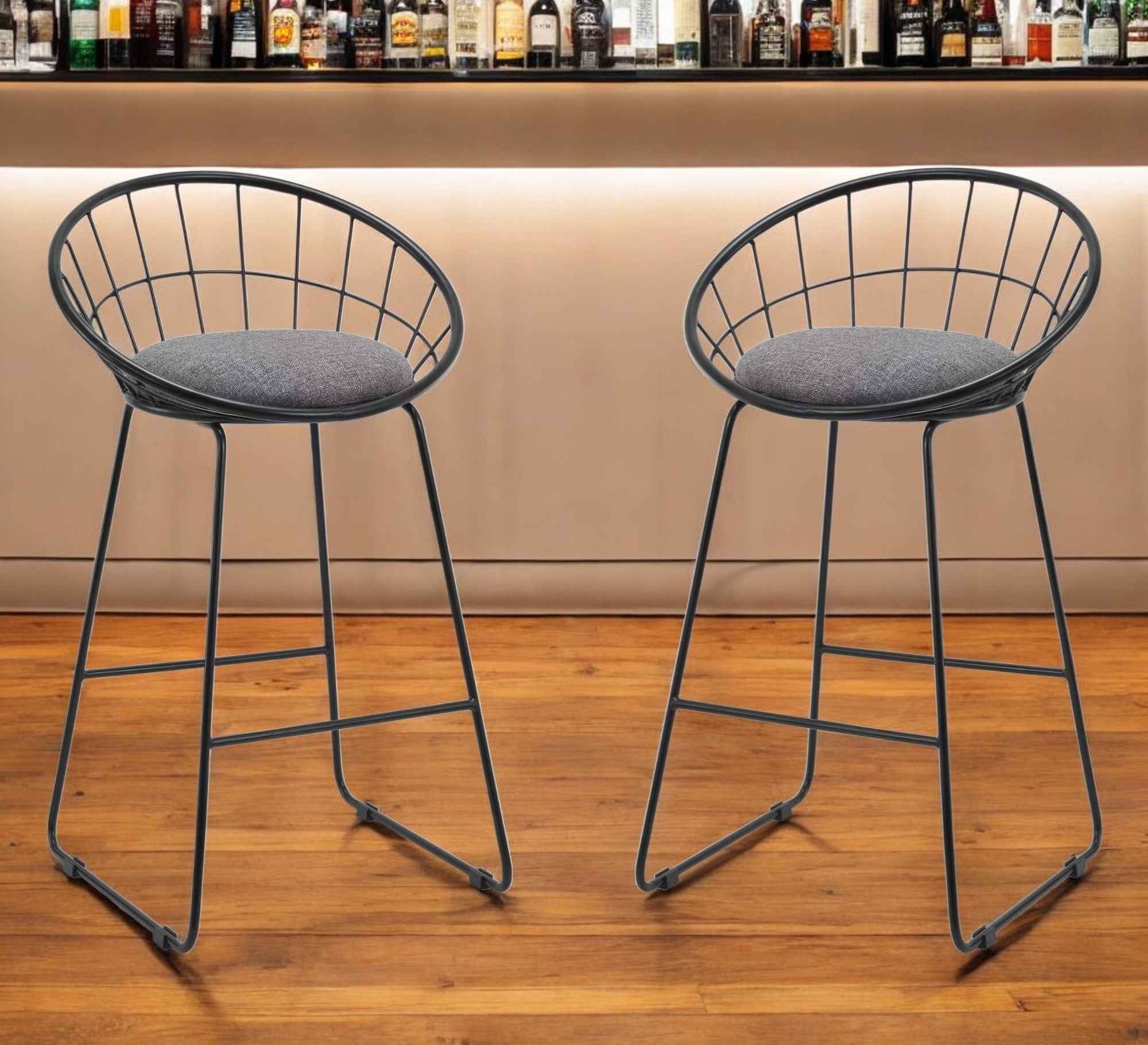 Set of Two 26" Gray and Black Fabric and Metal Low Back Counter Height Bar Chairs