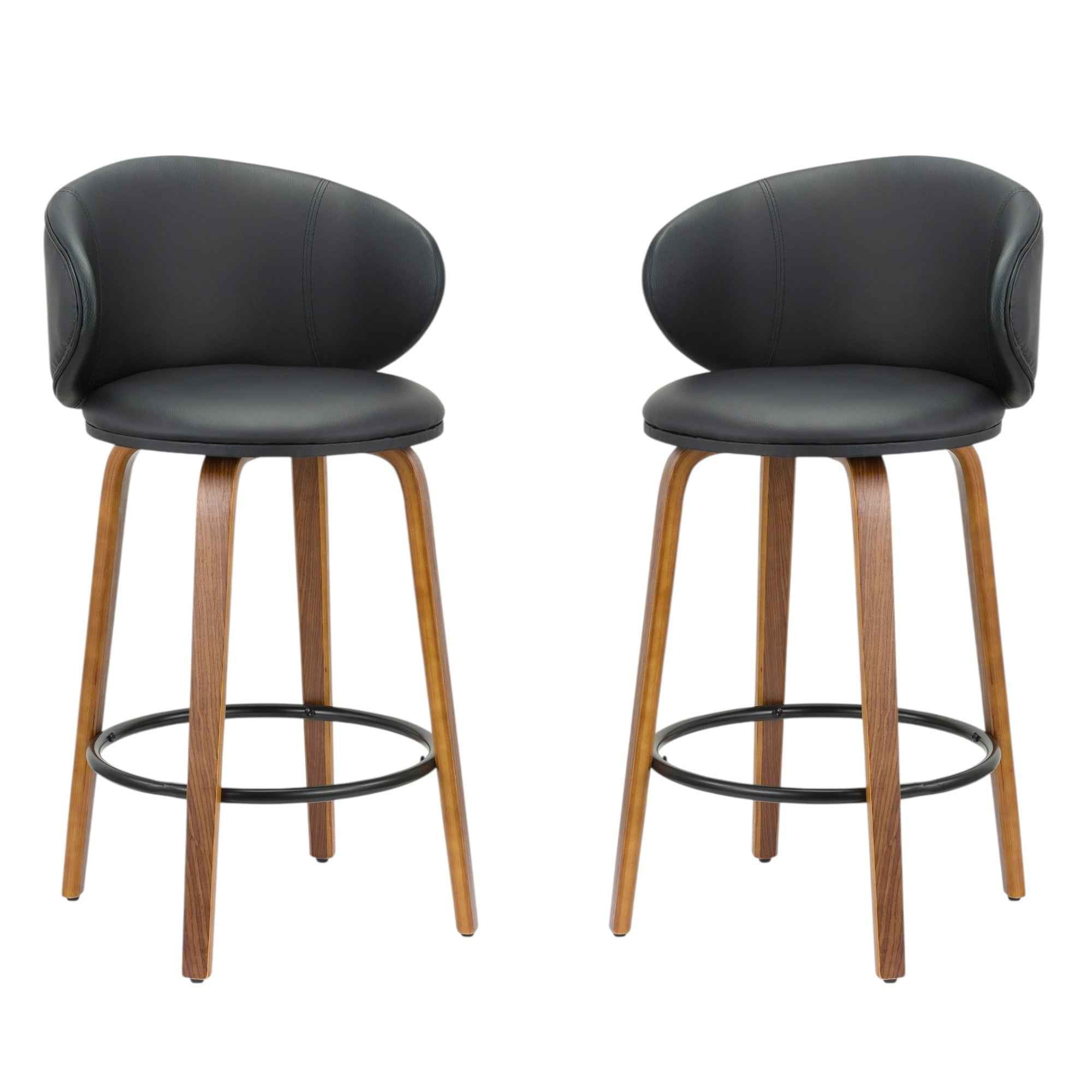 Set of Two 26" Black and Brown Faux Leather and Solid Wood Low Back Counter Height Bar Chairs