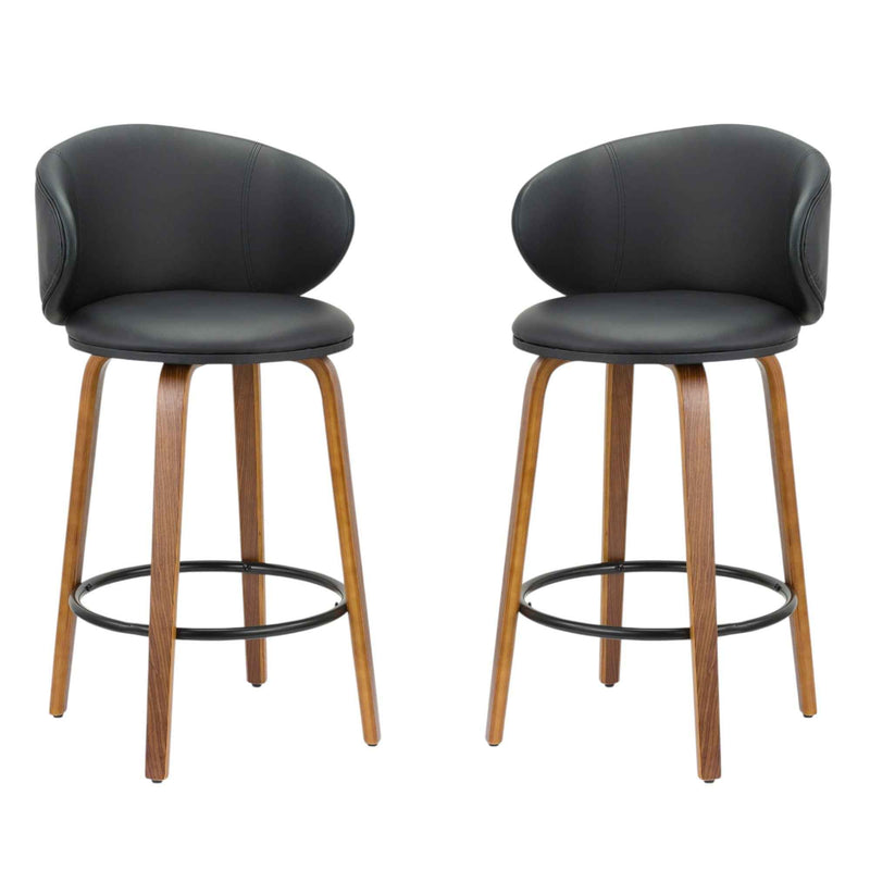 Set of Two 26" Black and Brown Faux Leather and Solid Wood Low Back Counter Height Bar Chairs