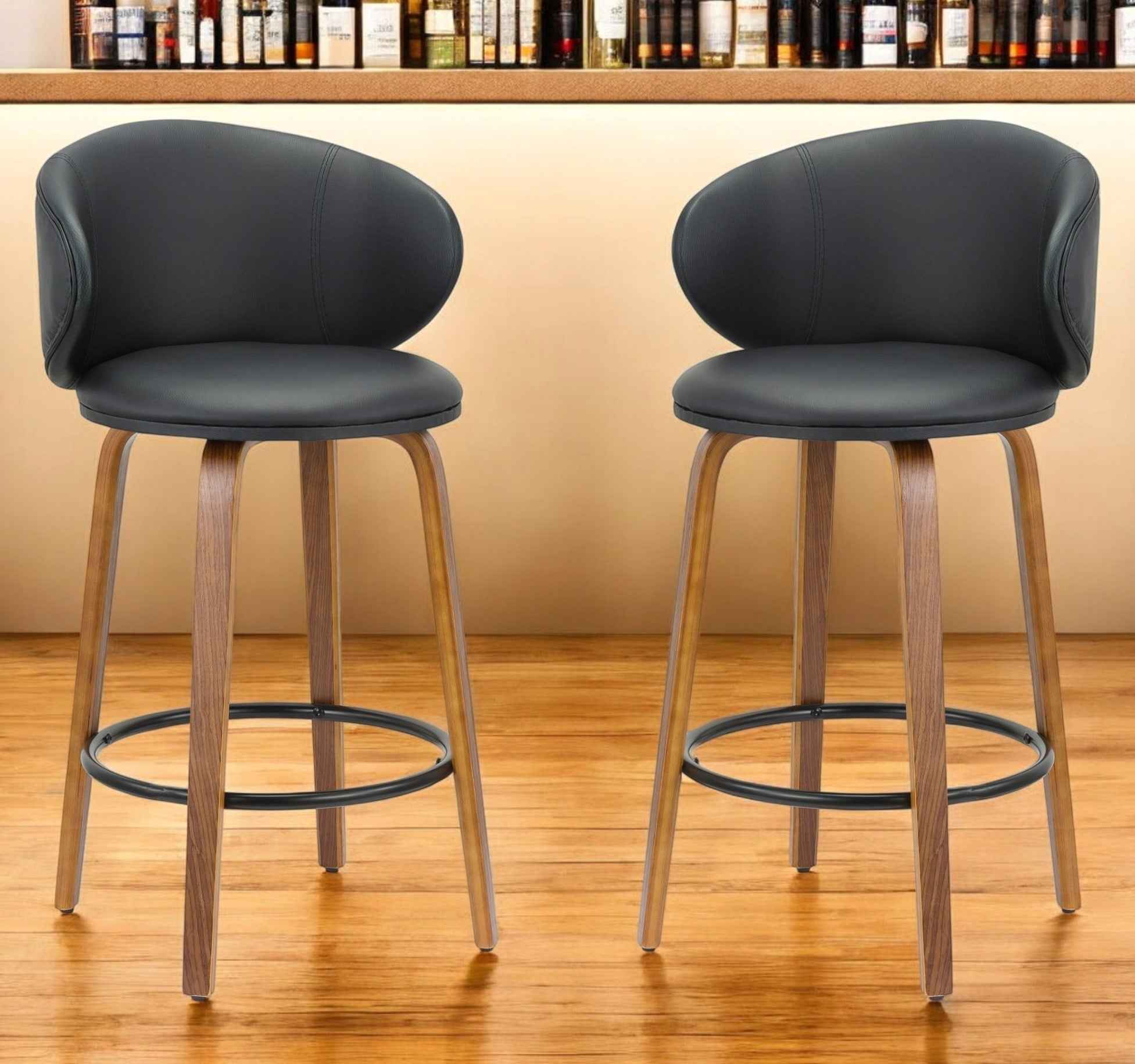Set of Two 26" Black and Brown Faux Leather and Solid Wood Low Back Counter Height Bar Chairs