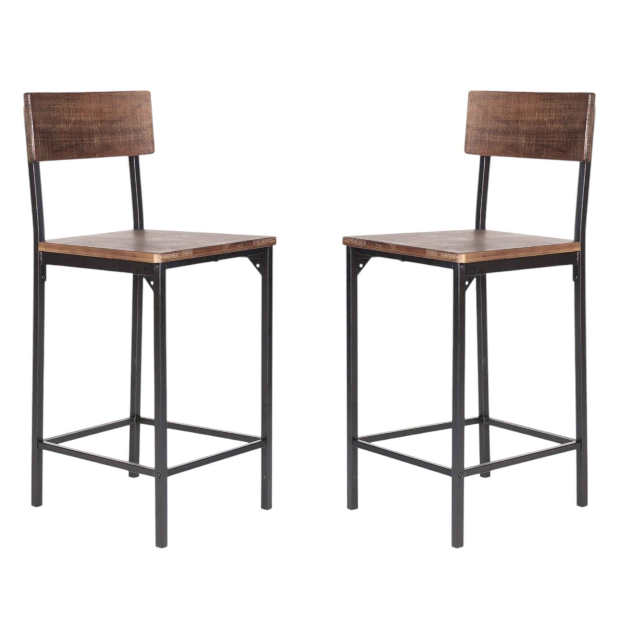 Set of Two 25" Brown and Black Solid Wood and Metal Counter Height Bar Chairs