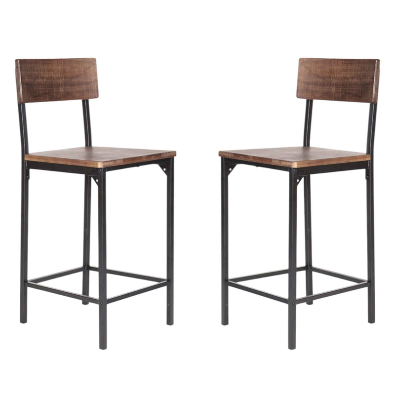 Set of Two 25" Brown and Black Solid Wood and Metal Counter Height Bar Chairs