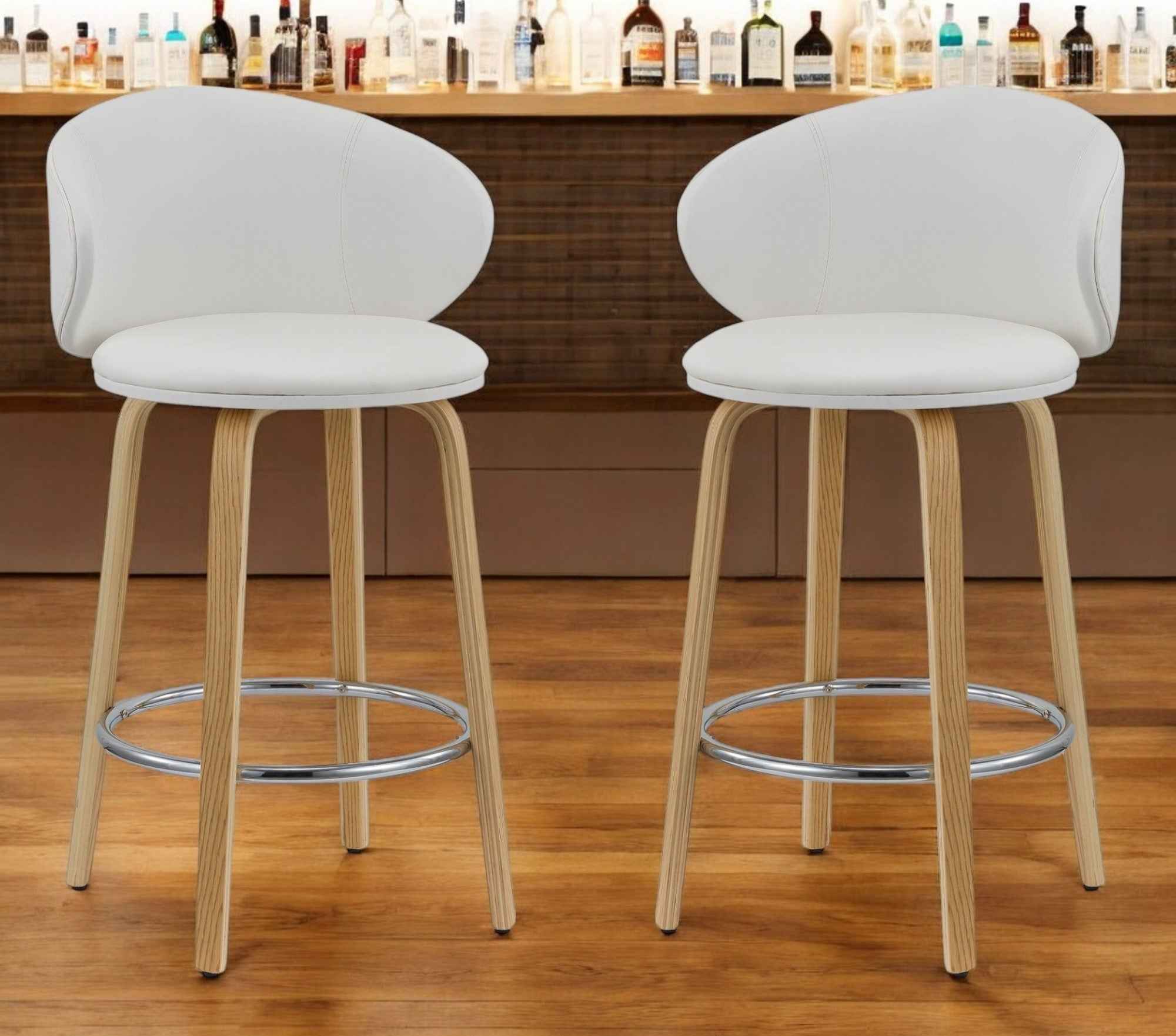 Set of Two 26" White and Brown Faux Leather and Solid Wood Low Back Counter Height Bar Chairs