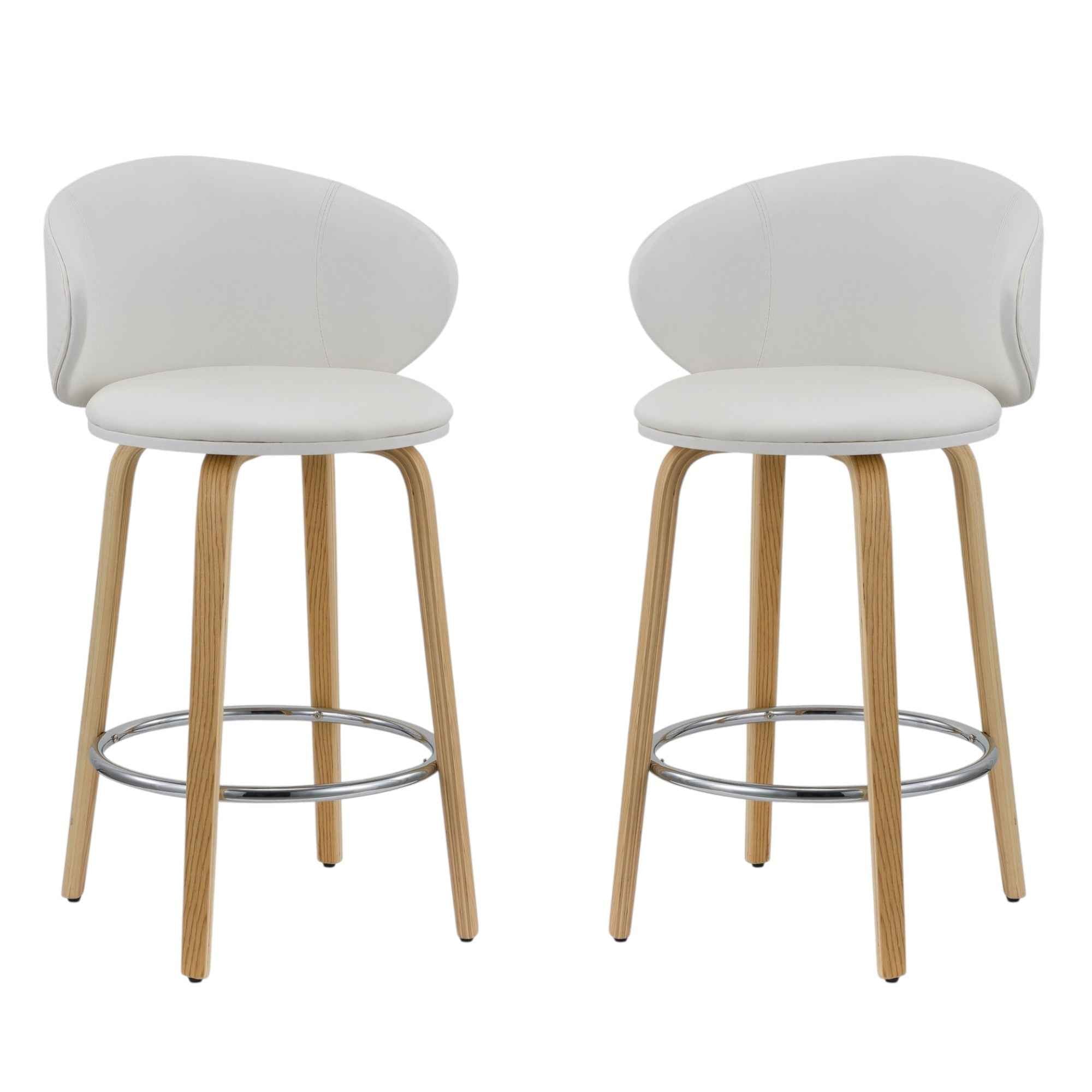 Set of Two 26" White and Brown Faux Leather and Solid Wood Low Back Counter Height Bar Chairs