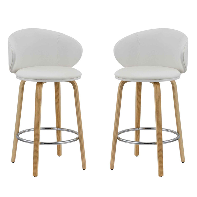 Set of Two 26" White and Brown Faux Leather and Solid Wood Low Back Counter Height Bar Chairs