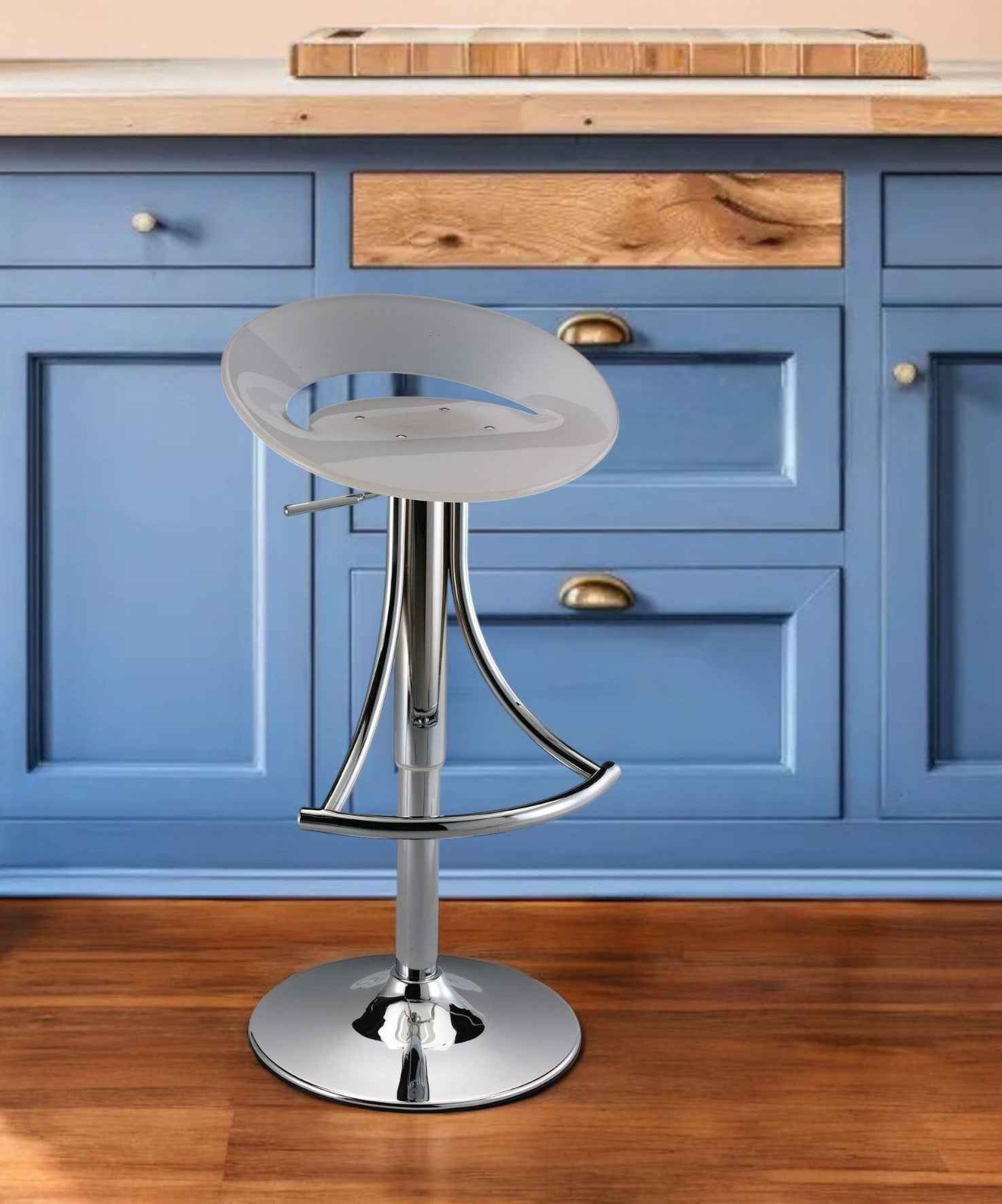 White and Silver Acrylic and Metal Low Back Adjustable Height Bar Chair