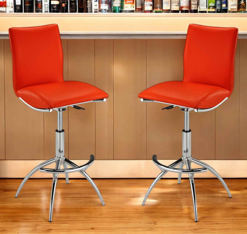 Set of Two Red and Silver Faux Leather and Metal Low Back Adjustable Height Bar Chairs