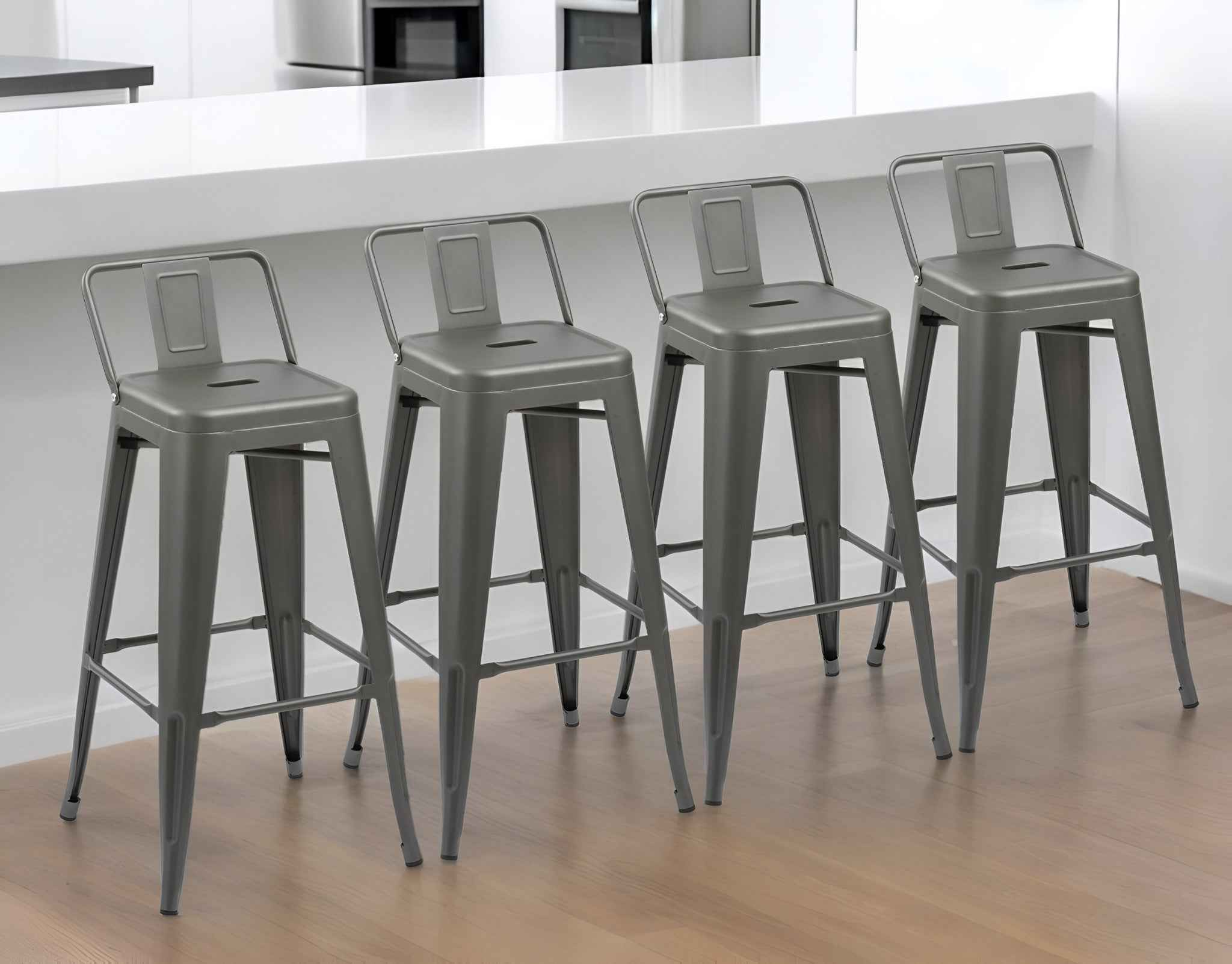Set of Four 26" Gray Steel and Metal Low Back Counter Height Bar Chairs
