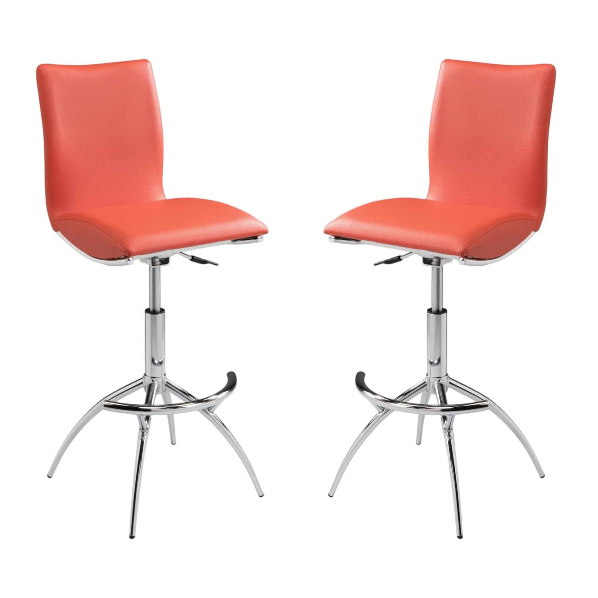 Set of Two Orange and Silver Faux Leather and Metal Low Back Adjustable Height Bar Chairs