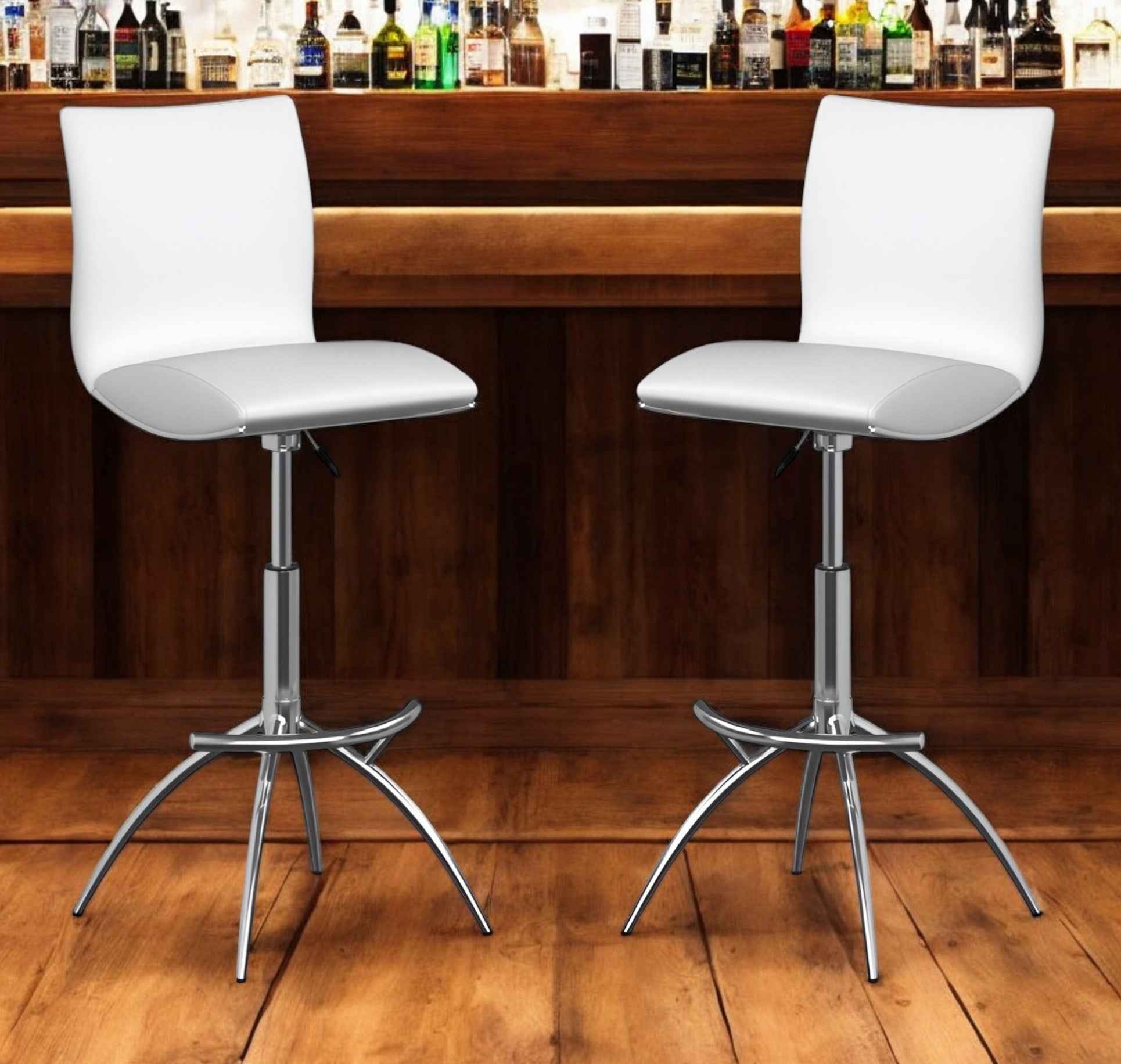 Set of Two White and Silver Faux Leather and Metal Low Back Adjustable Height Bar Chairs