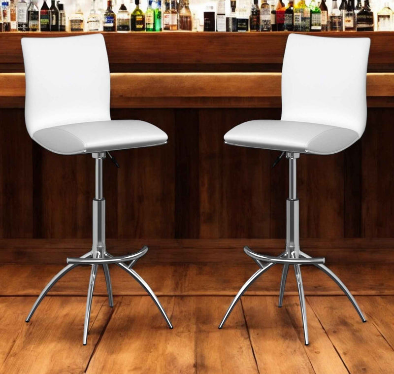 Set of Two White and Silver Faux Leather and Metal Low Back Adjustable Height Bar Chairs