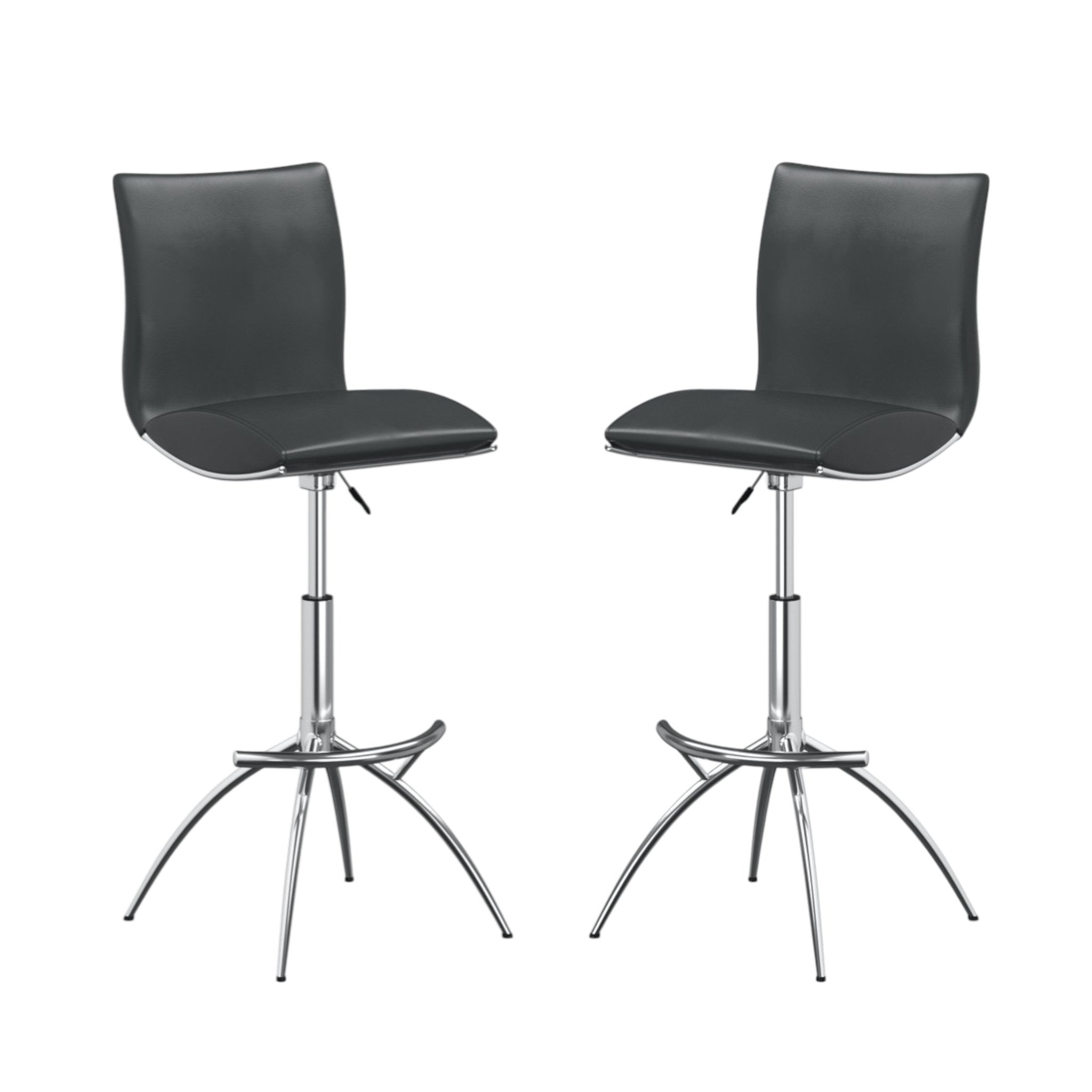 Set of Two Gray and Silver Faux Leather and Metal Low Back Adjustable Height Bar Chairs