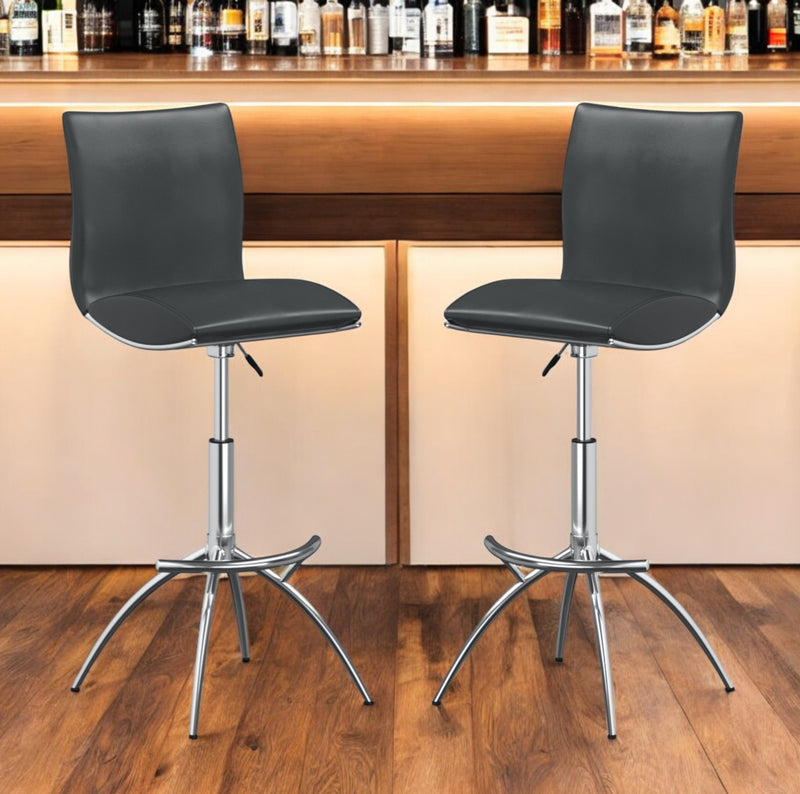 Set of Two Gray and Silver Faux Leather and Metal Low Back Adjustable Height Bar Chairs