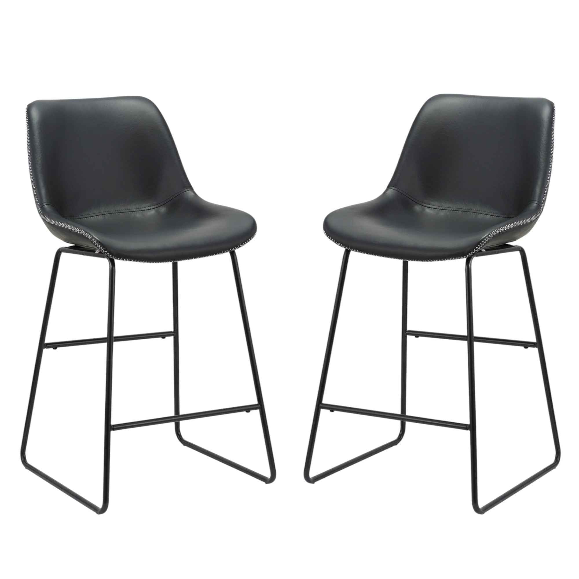 Set of Two Black Faux Leather and Metal Low Back Counter Height Bar Chairs