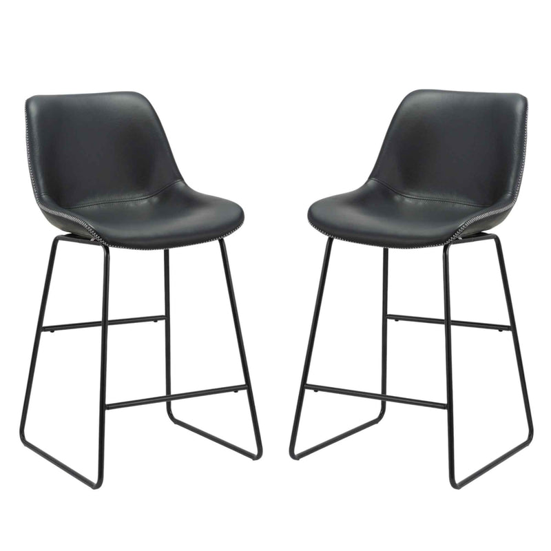 Set of Two Black Faux Leather and Metal Low Back Counter Height Bar Chairs