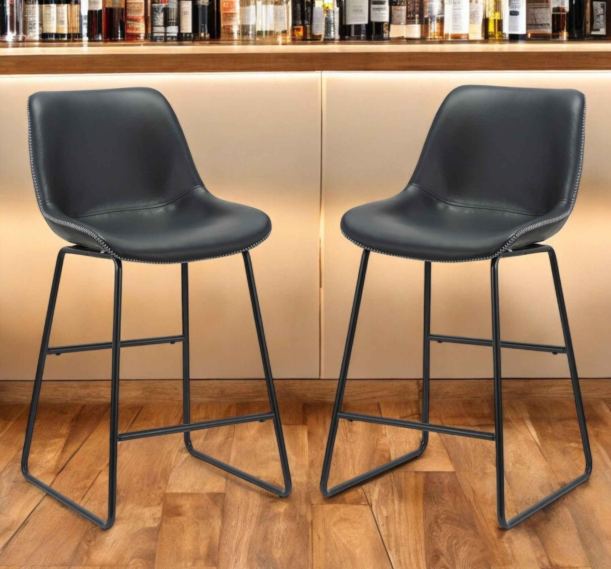 Set of Two Black Faux Leather and Metal Low Back Counter Height Bar Chairs