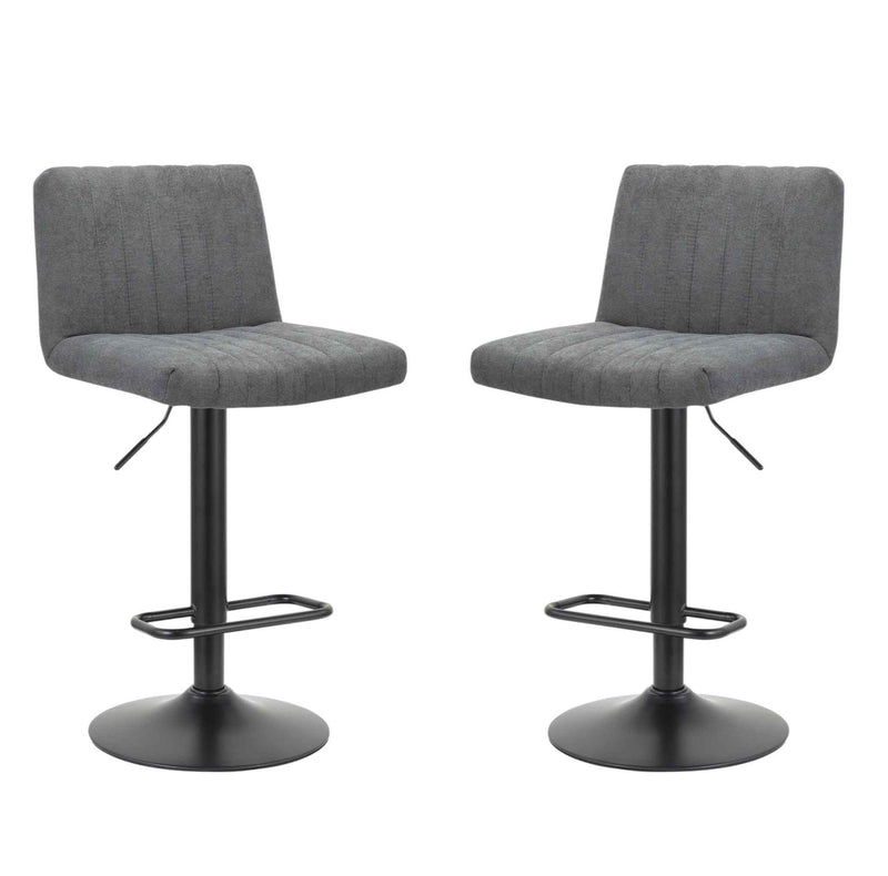 Set of Two Gray and Black Fabric and Metal Low Back Adjustable Height Bar Chairs