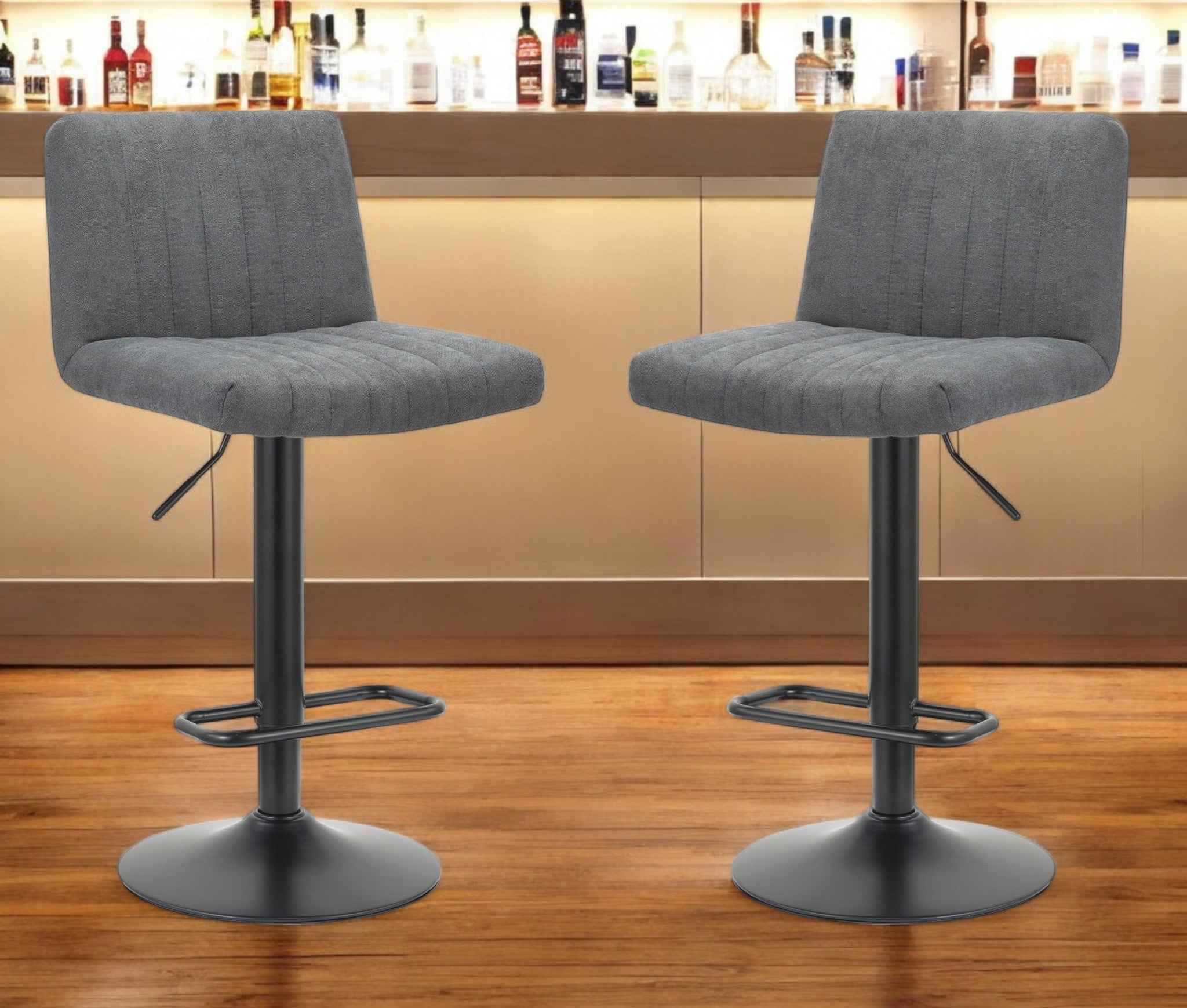 Set of Two Gray and Black Fabric and Metal Low Back Adjustable Height Bar Chairs