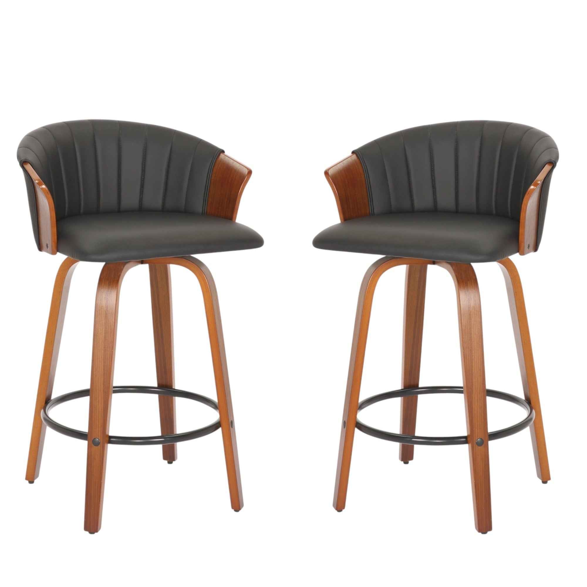 Set of Two 26" Black and Brown Faux Leather and Solid Wood Low Back Counter Height Bar Chairs