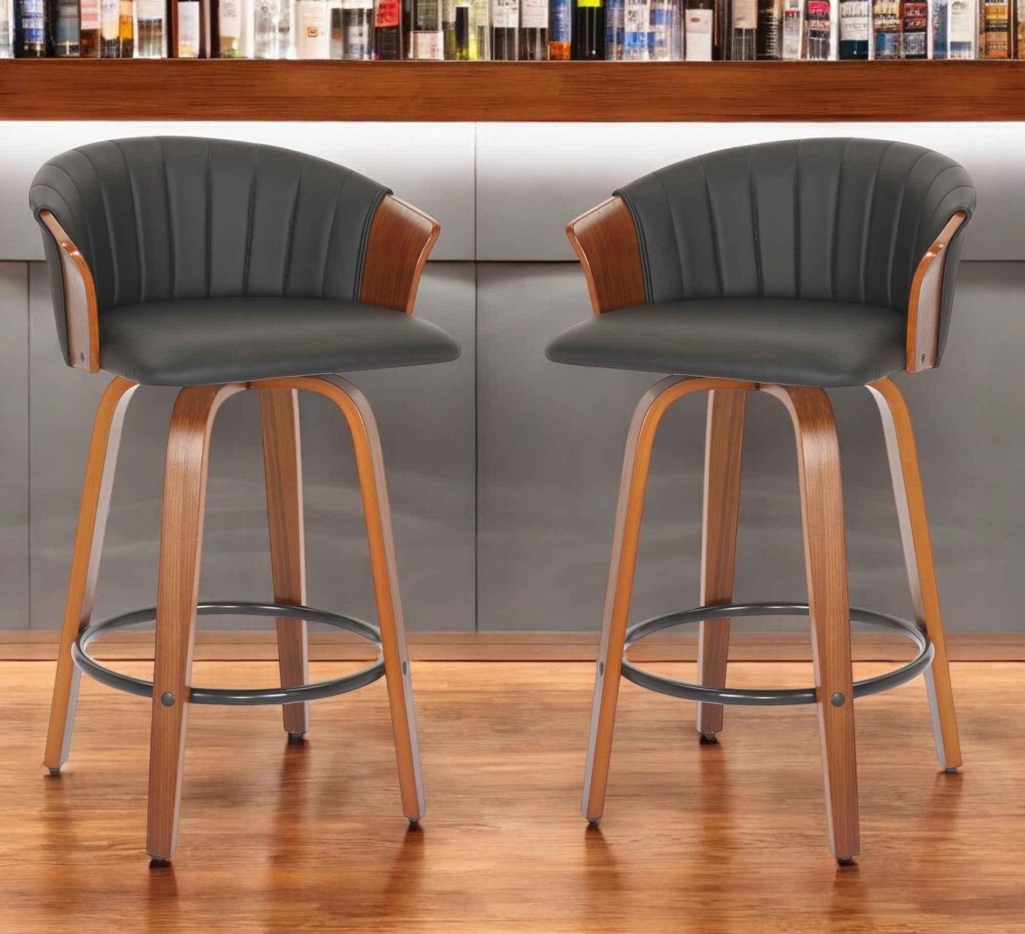 Set of Two 26" Black and Brown Faux Leather and Solid Wood Low Back Counter Height Bar Chairs