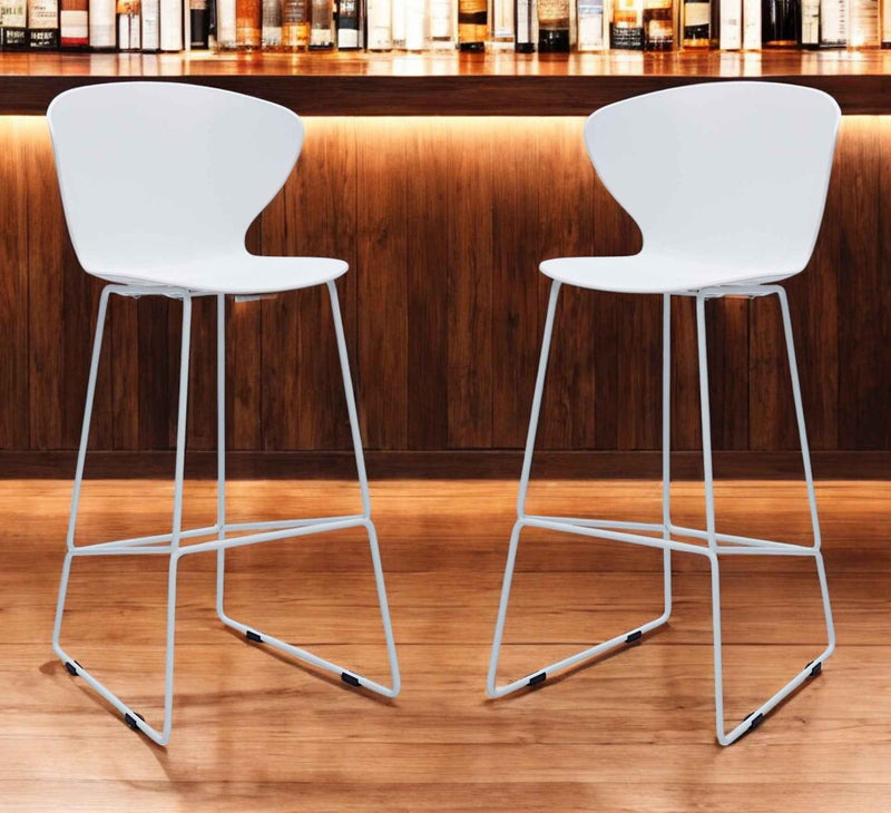 Set of Two 30" White and Silver Heavy Duty Plastic and Metal Low Back Bar Height Bar Chairs
