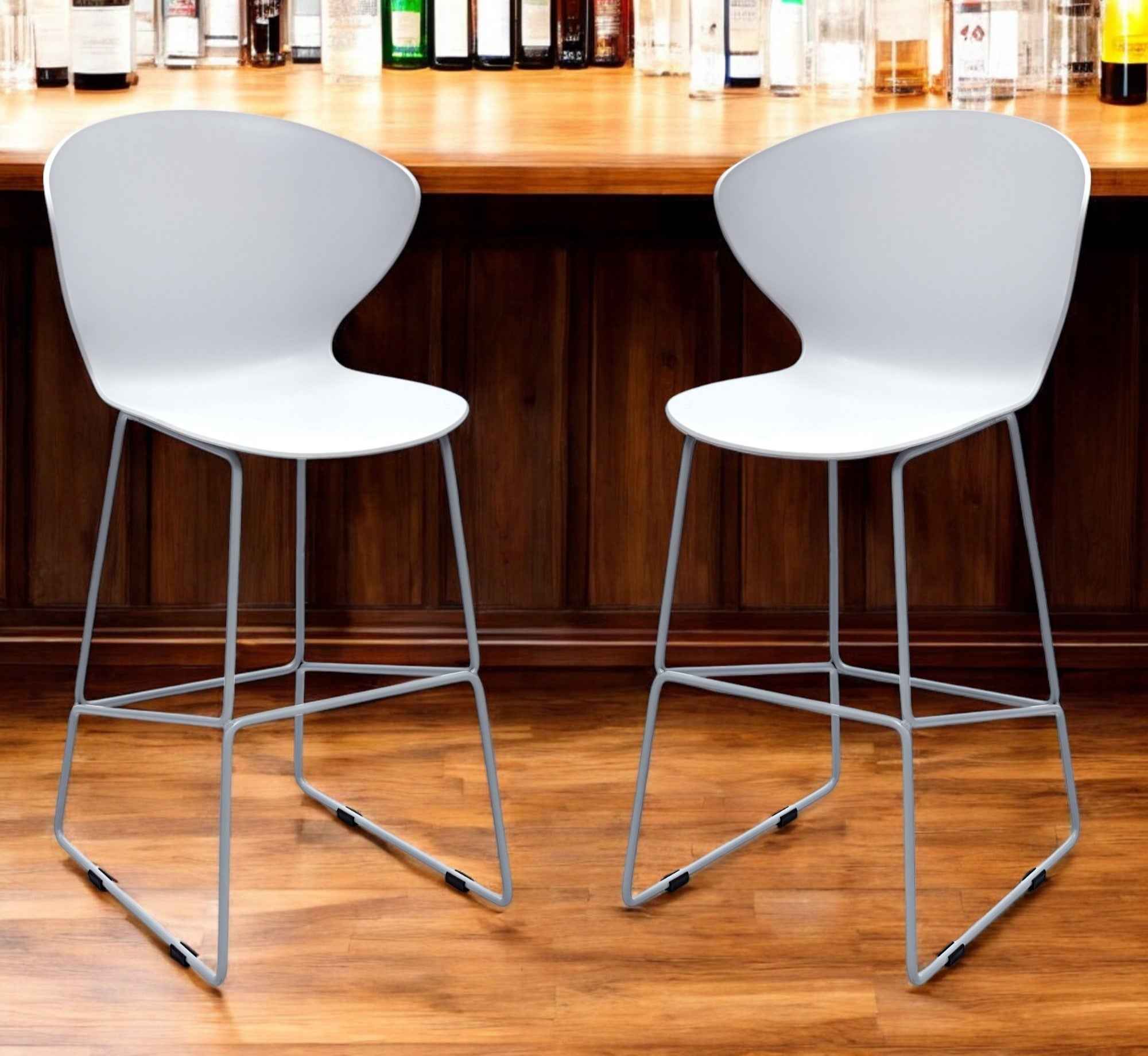 Set of Two 26" White and Silver Heavy Duty Plastic and Metal Low Back Counter Height Bar Chairs