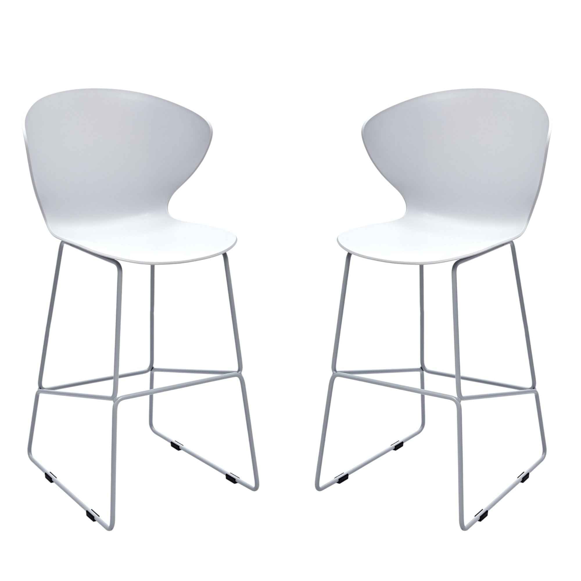 Set of Two 26" White and Silver Heavy Duty Plastic and Metal Low Back Counter Height Bar Chairs