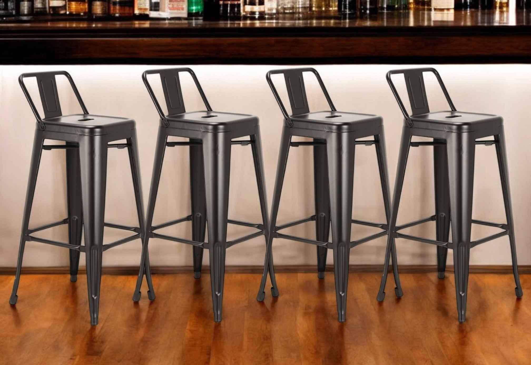 Set of Four 26" Black Steel and Metal Low Back Counter Height Bar Chairs