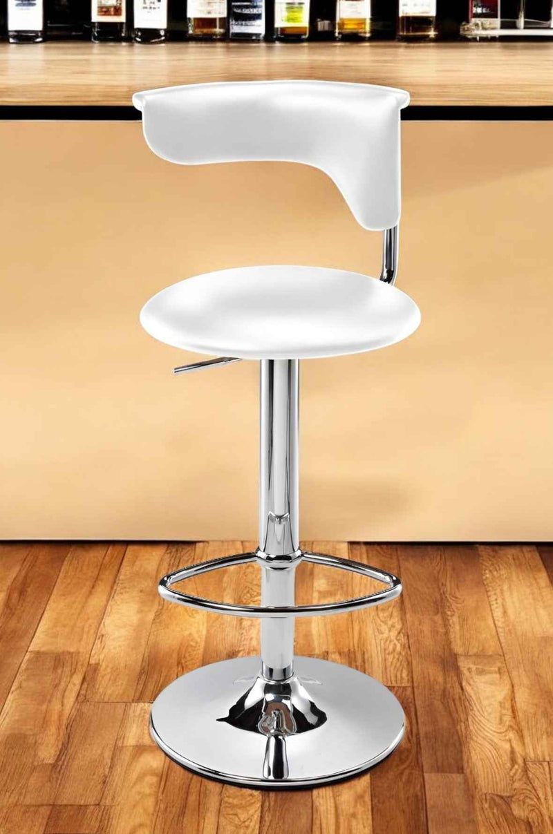 White and Silver Faux Leather and Metal Low Back Adjustable Height Bar Chair