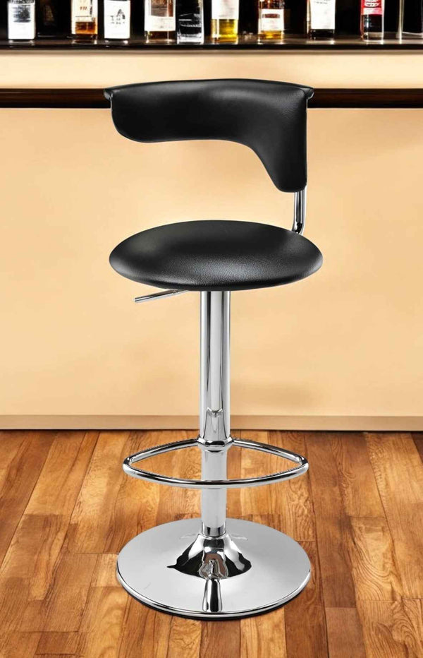 Black and Silver Faux Leather and Metal Low Back Adjustable Height Bar Chair