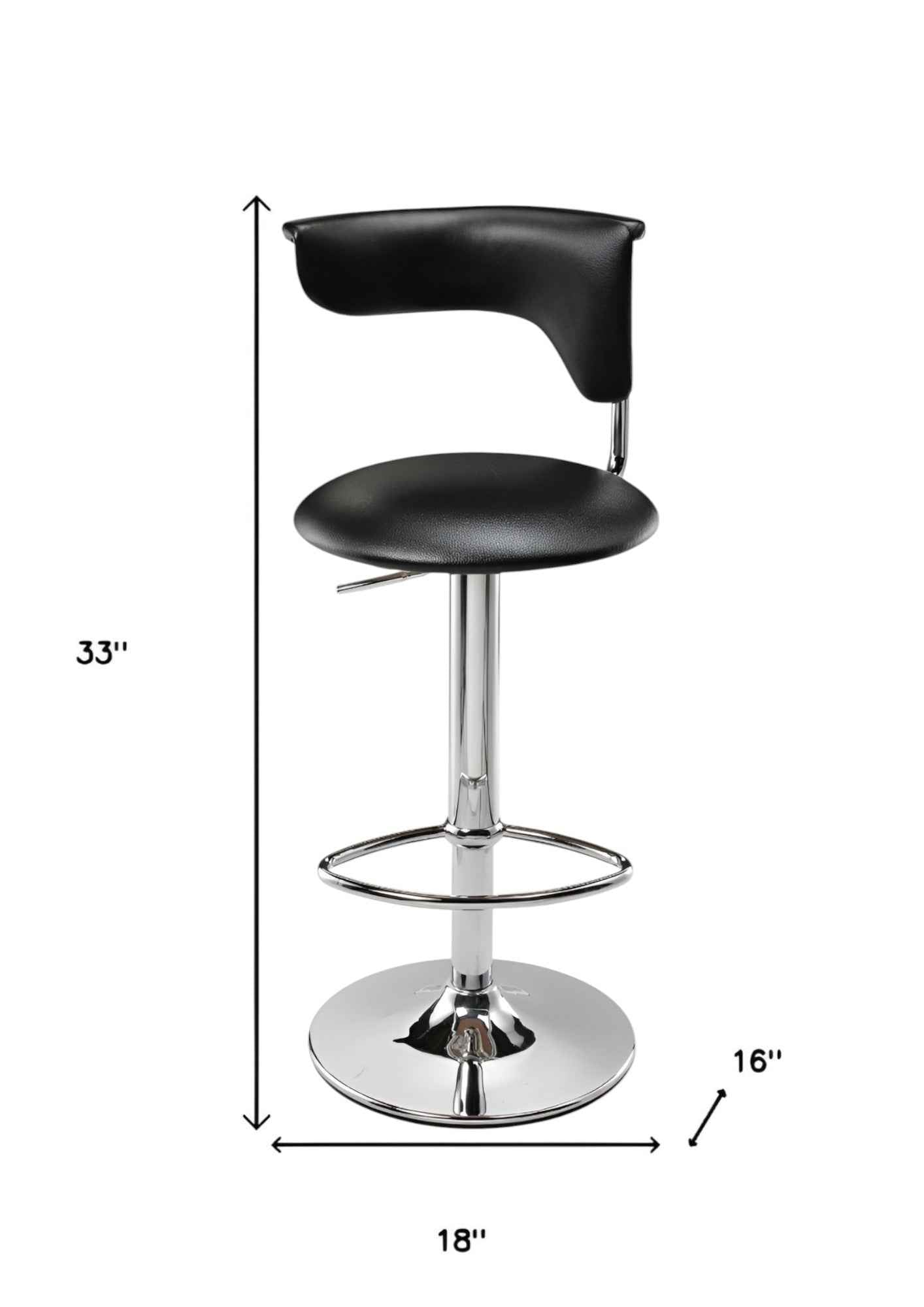 Black and Silver Faux Leather and Metal Low Back Adjustable Height Bar Chair