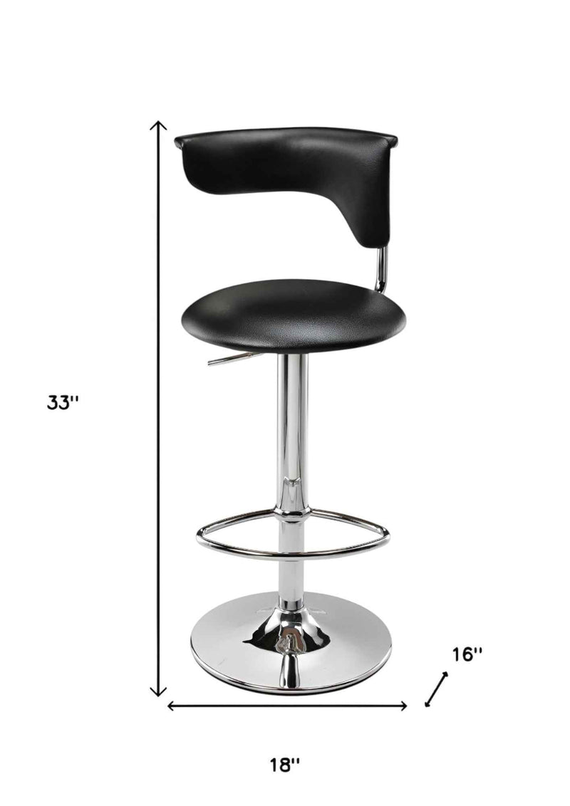 Black and Silver Faux Leather and Metal Low Back Adjustable Height Bar Chair