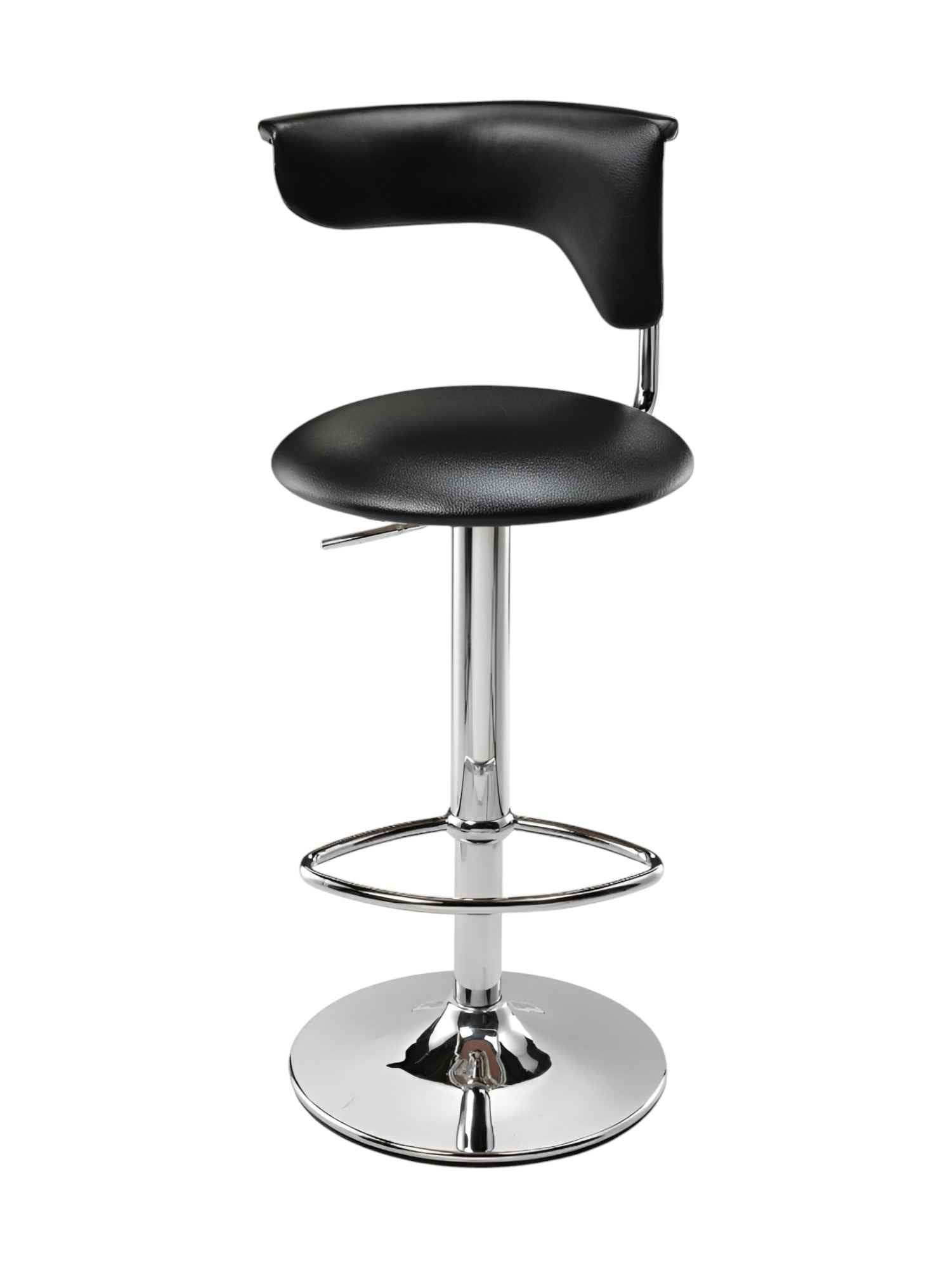 Black and Silver Faux Leather and Metal Low Back Adjustable Height Bar Chair
