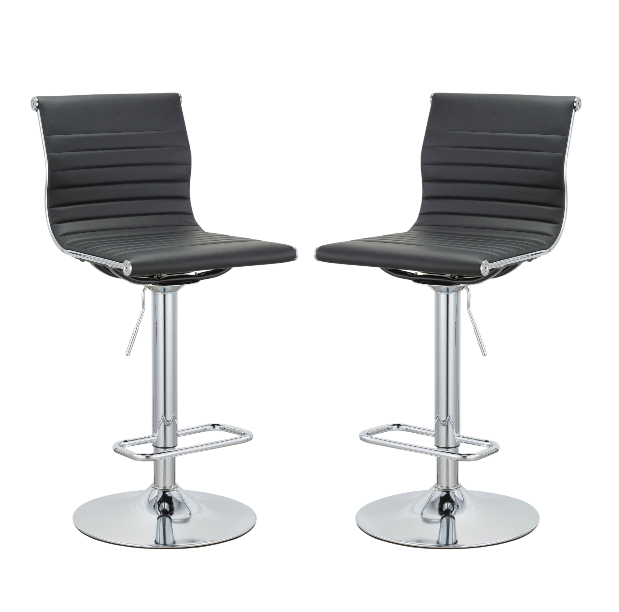 Set of Two Black and Silver Faux Leather and Metal Low Back Adjustable Height Bar Chairs
