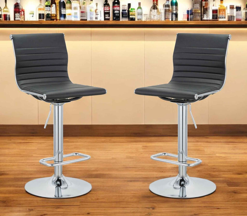 Set of Two Black and Silver Faux Leather and Metal Low Back Adjustable Height Bar Chairs