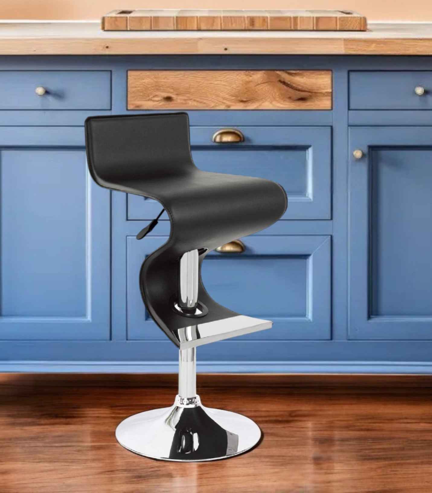 Black and Silver Faux Leather and Metal Low Back Adjustable Height Bar Chair