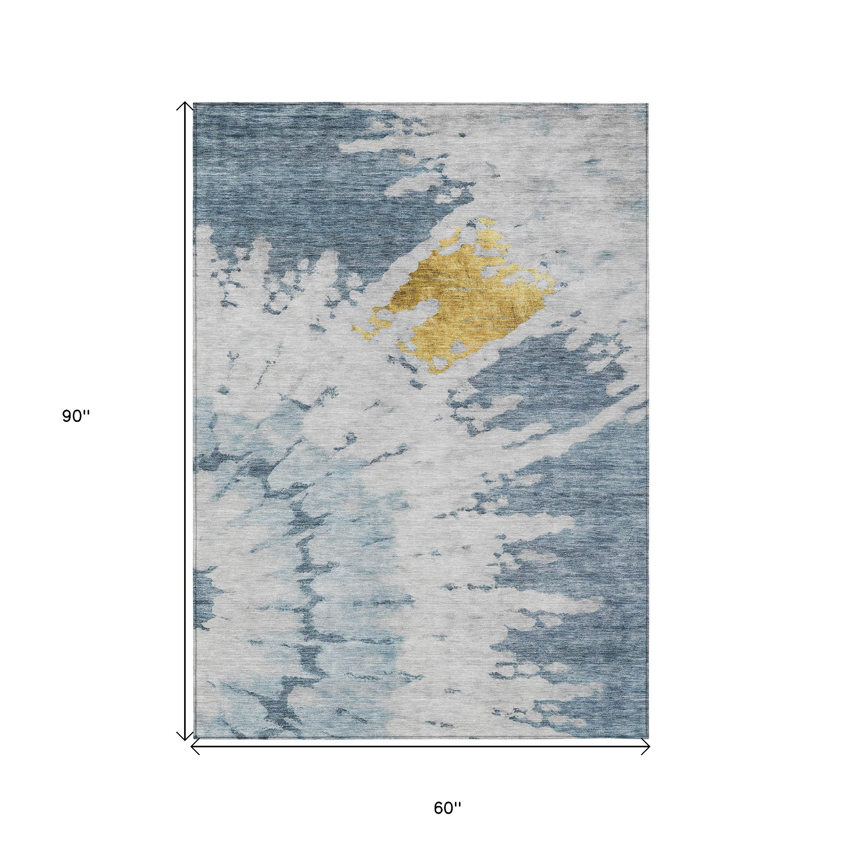 5' X 8' Denim Blue And Sky Blue Abstract Washable Indoor Outdoor Area Rug - Sports & Outdoor