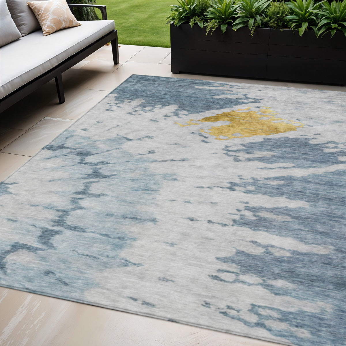 5' X 8' Denim Blue And Sky Blue Abstract Washable Indoor Outdoor Area Rug - Sports & Outdoor