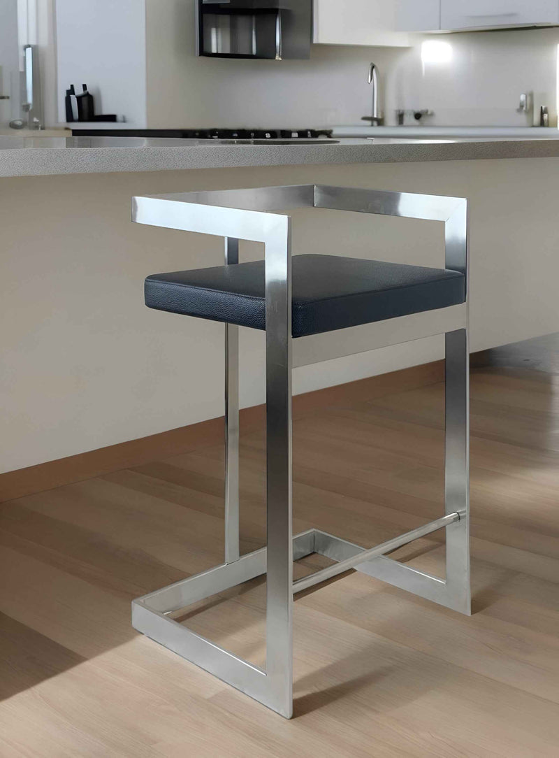 26" Black and Silver Faux Leather and Metal Low Back Counter Height Bar Chair