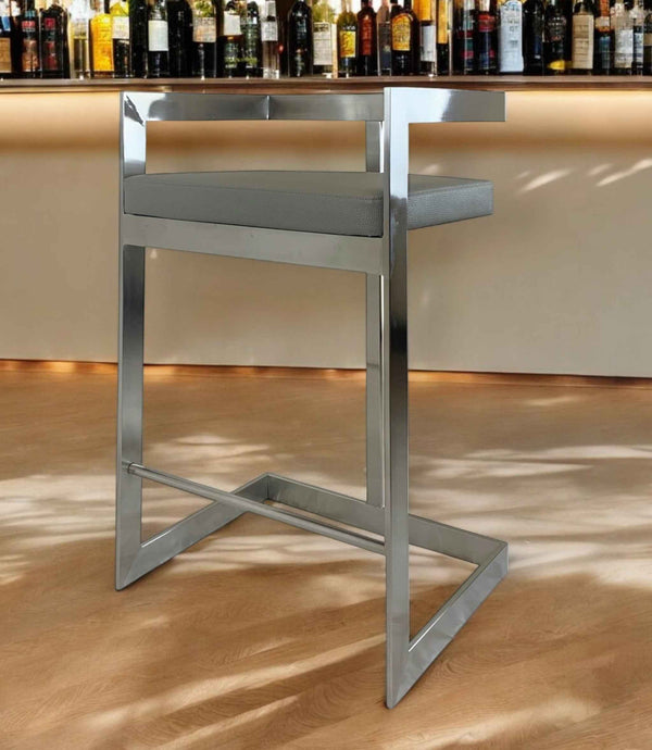 26" Gray and Silver Faux Leather and Metal Low Back Counter Height Bar Chair