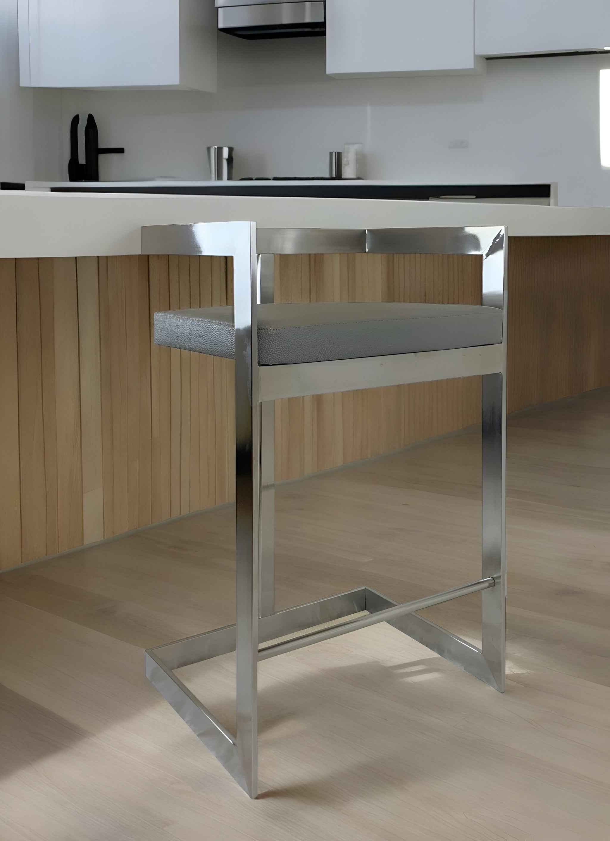 26" Gray and Silver Faux Leather and Metal Low Back Counter Height Bar Chair