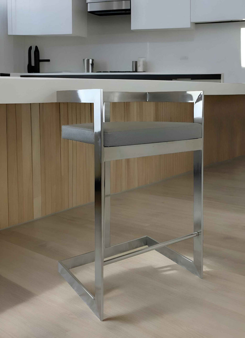 26" Gray and Silver Faux Leather and Metal Low Back Counter Height Bar Chair