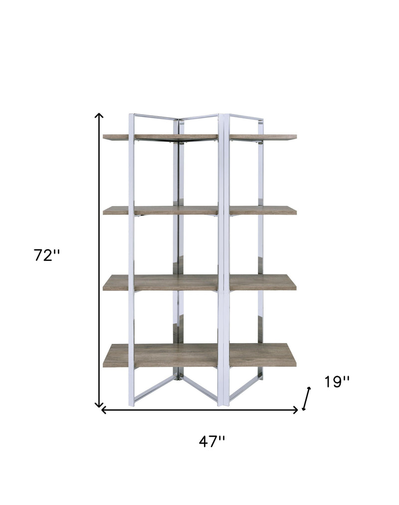 72" Natural And Silver Metal and Wood Four Tier Etagere Bookcase - Office