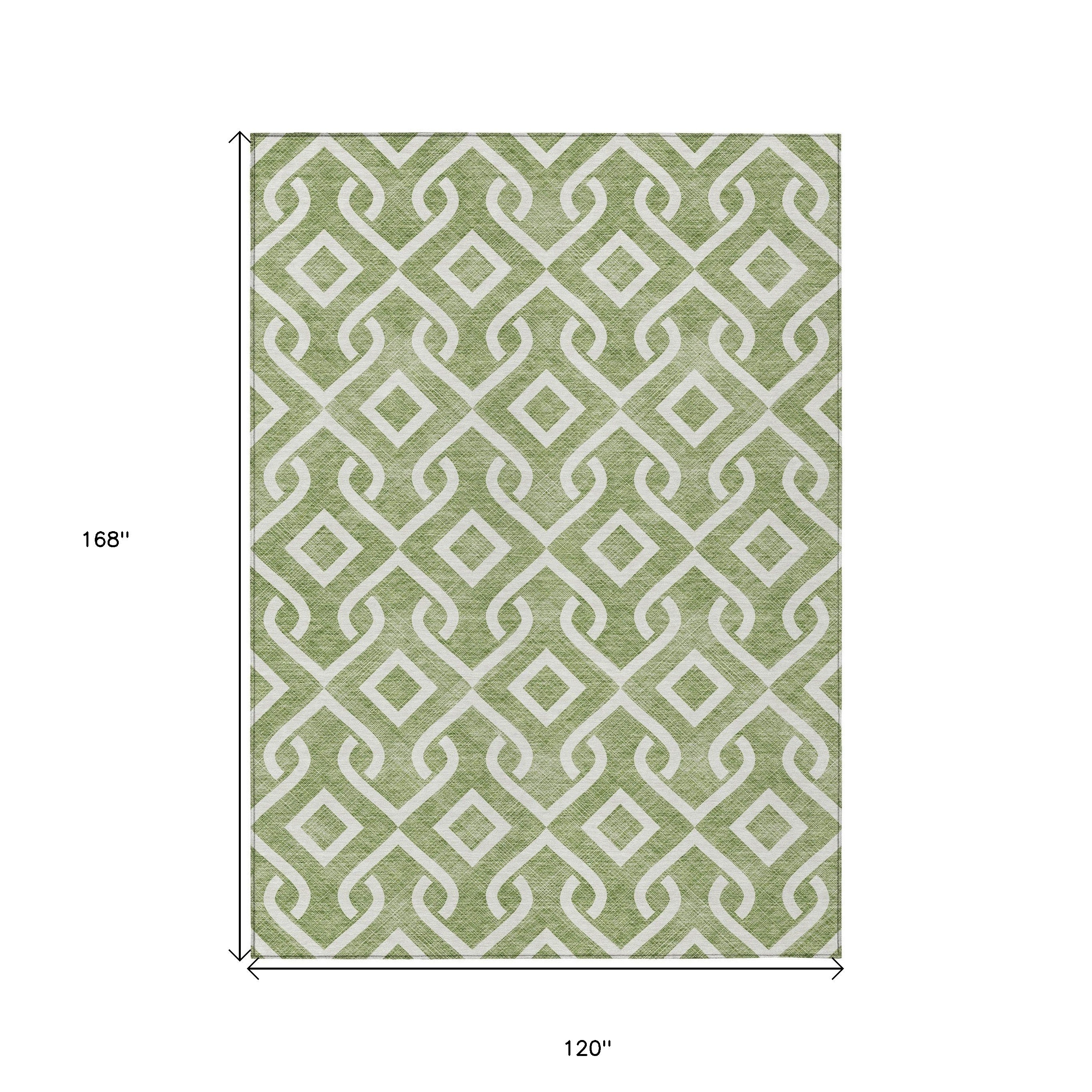 10' X 14' Green And Ivory Geometric Washable Indoor Outdoor Area Rug - Outdoor