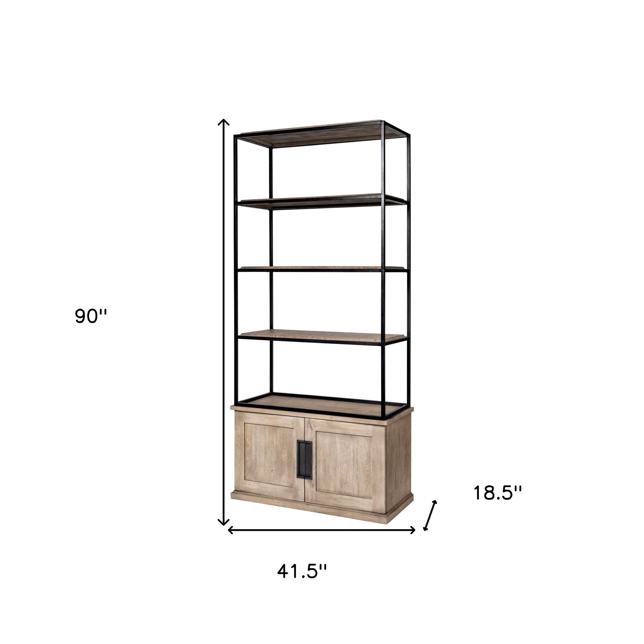 90" Brown Iron and Wood Three Tier Bookcase - Office